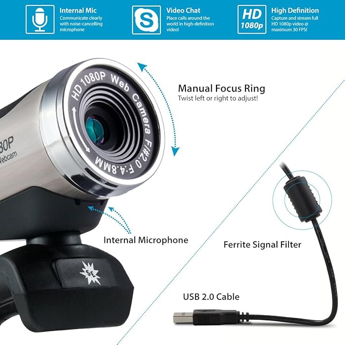 Stopmotion Explosion USB 2.0 HD Pro Widescreen Video Full 1080p Webcam with Built in Microphone and Flex Stand for Windows PC, Laptops and Apple OS X