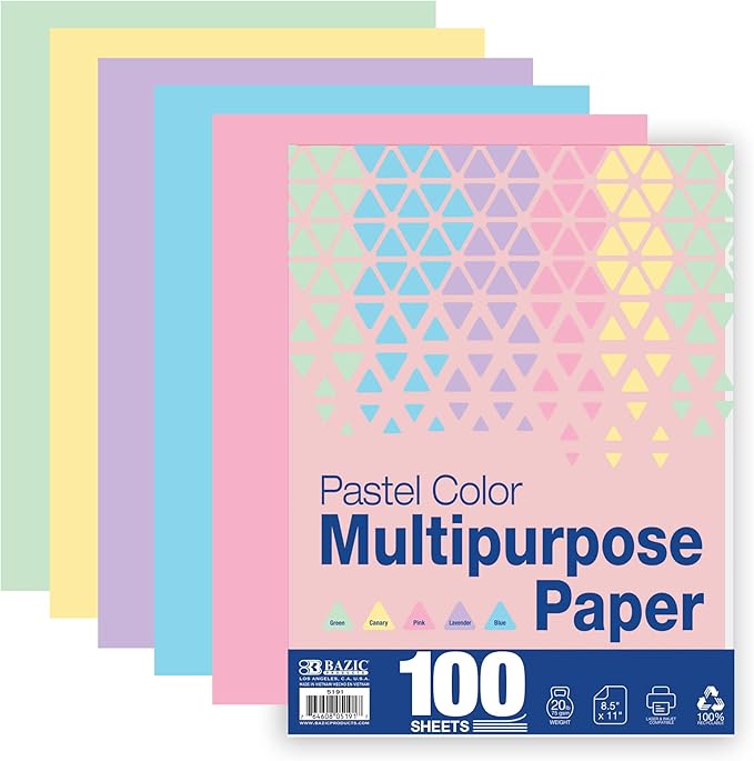 BAZIC Products Blank Paper Copy & Multipurpose Paper 8.5" x 11" – 100 Sheets Pastel Color Printer Paper for Inkjet, Laser, and Fax Machines – Printing Paper for Office, School, and Crafts, 12-Packs