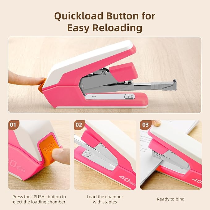 Deli Effortless Desktop Stapler, Heavy Duty Stapler, 40-50 Sheet Capacity, One Finger, No Effort, Includes 1500 Staples & Staple Remover, Rose