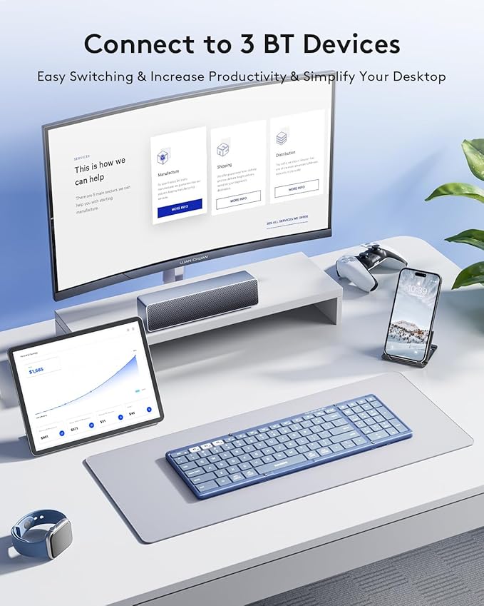 Samsers Foldable Bluetooth Keyboard with Numeric Keypad, Full-Size Wireless Folding PU Leather, Portable Travel for iOS Android Windows Mac OS, Support 3 Device(BT5.1 x 3) Blue