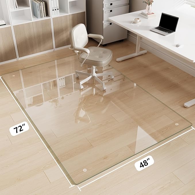 FlyEcho Glass Chair Mat 48" x 72" Heavy Duty Tempered Glass Office Chair Mat, Glass Floor Mat with Round Corner and Polished Edge for Smooth Glide, Carpet Hardwood Floor Protector