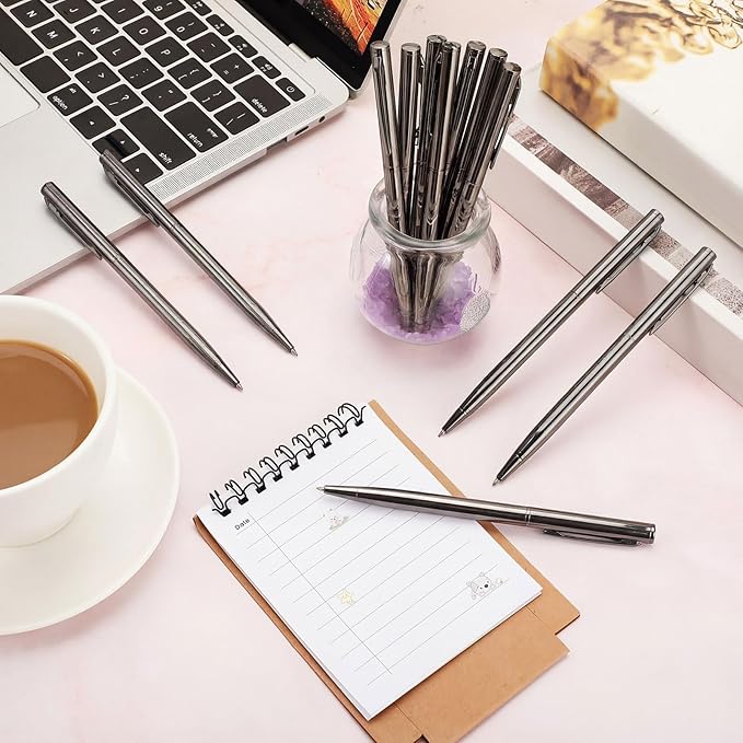 Zonon 15 Pieces Bronze Black Metal Slim Ballpoint Pens Bulk Retractable Metallic Black Ink 1 mm Medium Point Smooth Writing Pens for Wedding Business Office Supplies Student Teachers Men Women Present
