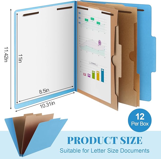Skyygemm 12 Pcs Classification Folders Letter Size, 2 Pocket Dividers Pressboard File Folder with Fasteners, Expanding File Organizer Bulk for Teachers, Clergy, Office, Church, Christmas (Blue)