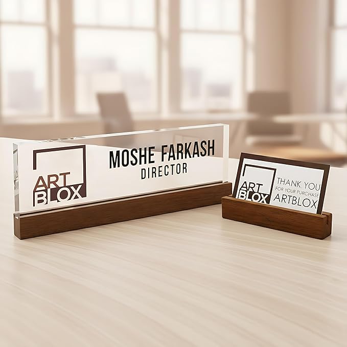 Artblox Personalized Office Desk Name Plate and Business Card Holder | Clear Acrylic Glass with Teak Wood Stand | Business Logo Customized with Your Name and Credentials Office Desk Décor