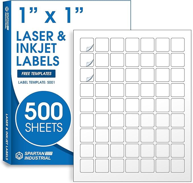 1" X 1" Square Printable Labels for Inkjet and Laser Printers - 500 Sheets, 31500 Matte White Custom Labels for Price Tags, QR Code Stickers, and Barcodes - Spartan Industrial Template S001