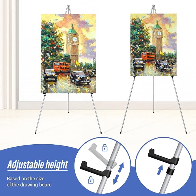 Display Silver Easel Stand - 63" Artist Instant Tripod Collapsible Portable Floor Easel - Adjustable Art Poster Easy Folding Metal Stand for Display Show, Wedding, Painting