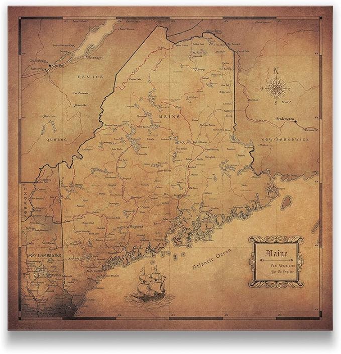 Push Pin Maine Map Board - With Push Pins to Mark Maine Travel - Handmade in Ohio, USA - Design: Golden Aged
