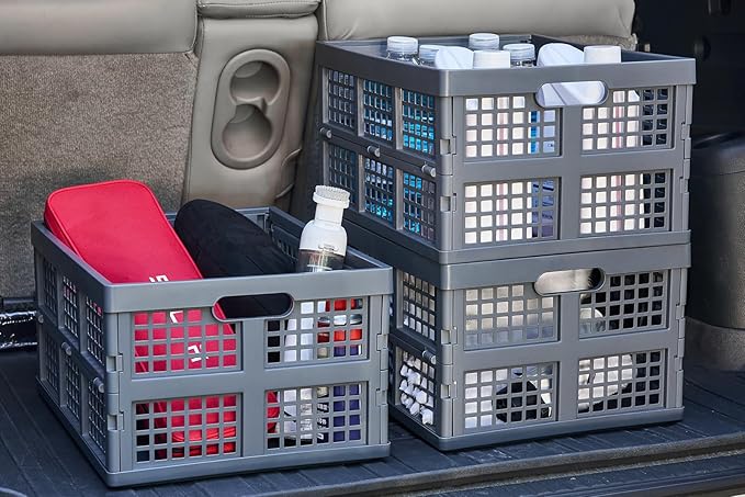 3-Pack Plastic Collapsible Storage Crates-30L,Foldable Plastic Crates for Storage (Gray)