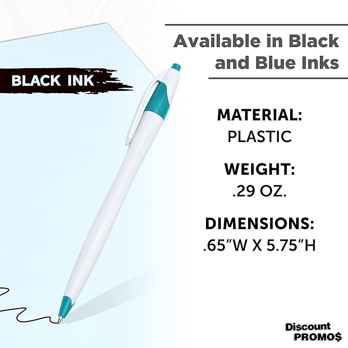 DISCOUNT PROMOS Slim Curvy Ballpoint Pens Set of 10, Bulk Pack - Black Ink, Retractable, Great for Office, School, Tradeshows - Teal