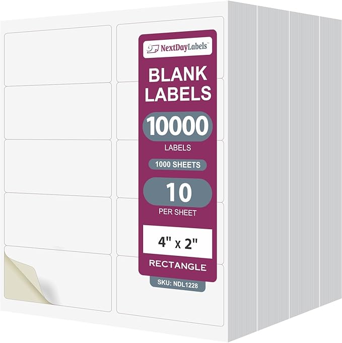 NextDayLabels 4x2 Inch Rectangle Stickers White Blank Labels for Laser Inkjet Printer - 10 Per Sheet Self-Adhesive Product Barcode Inventory Made in USA - 10,000 Labels