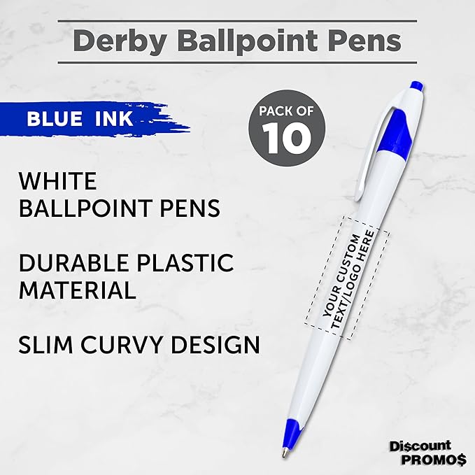 DISCOUNT PROMOS Custom Slim Curvy Ballpoint Pens Set of 10, Personalized Bulk Pack - Black Ink, Retractable, Great for Office, School, Tradeshows - Blue