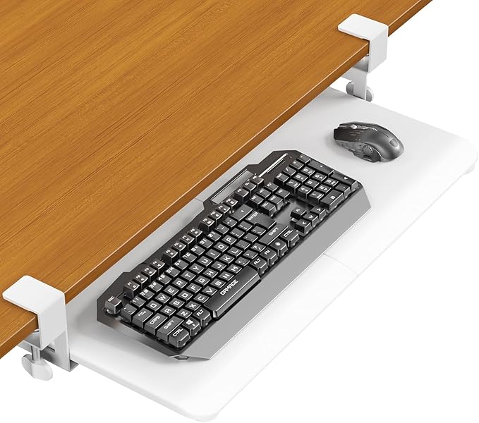 Keyboard Tray Under Desk, Pull Out Keyboard Tray with C Clamp Mount, 25.6" (29.7" Including Clamps) x 11.8" Slide-Out Platform Computer Drawer for Typing, Keyboard & Mouse Tray, White