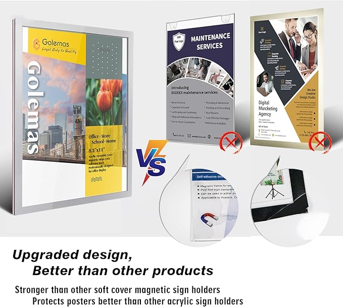 Acrylic Magnetic Sign Holder, Easy-Opening 8.5 x 11 Wall Mount Display Frames, Self Adhesive Back Plastic Clear Document Frame, Horizontal & Vertical Display (Silver, 12Pack)