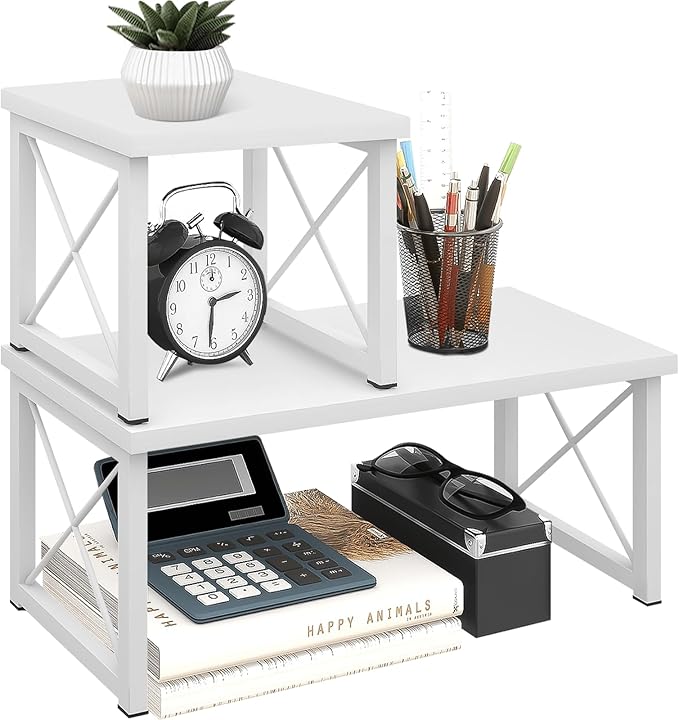 ELITEROO Wood Desktop Shelf, Freestanding Small Bookshelf Dorm Supplies Organizers, 2 Tier Independent Stackable Desk Stand, Adjustable Storage Organizer, Kitchen Counter Display Rack, White