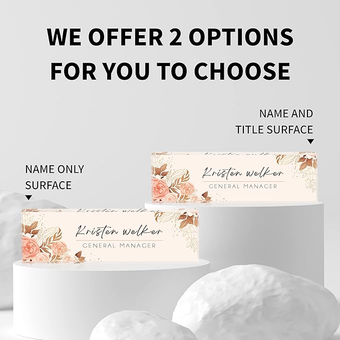 Desk Name Plate Personalized, Custom Name Plates for Desks, Office Desk Decor, Flowers Style Clear Acrylic Glass Block, Personalized Office Gifts for Women Men Boss Teachers Coworker Appreciation Gift