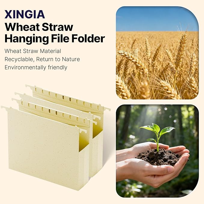 Wheat Straw Plastic Hanging File Folders,2 Inch Expansion Letter Size Filing Cabinet Folders,Heavy Duty Expandable File Folder,12 Pack Extra Capacity Hanging Folders with Tab (Morandi Beige)