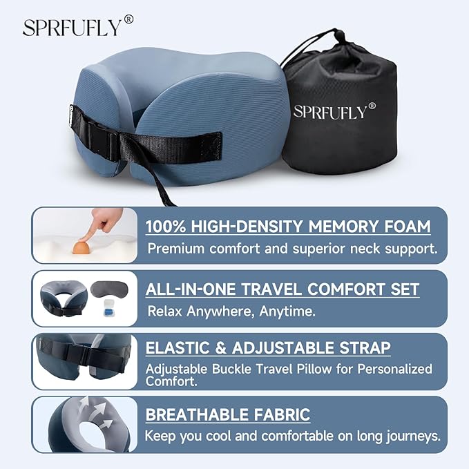 SPRFUFLY Super Soft Travel Pillow, 100% Memory Airplane Pillow with Sleep Mask and Ear Plugs, Breathable Removable Cover & Ergonomic Design - Essentials Neck Pillow for Airplane, Office & Home Use