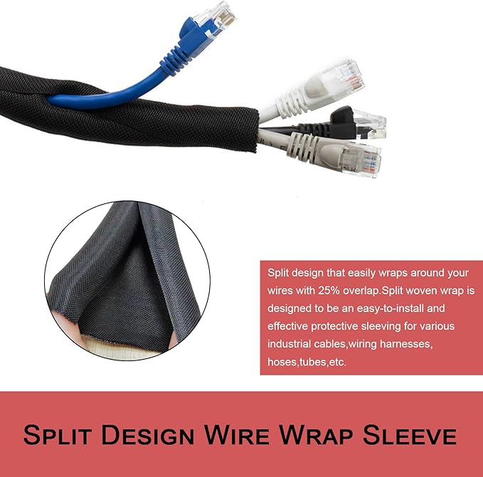 Split Mesh Cord Sleeve Loom Tubing Cable Cover Braided Cable Management Auto Protective Wire Harness Wrap Self Wrapping Woven 3/4"-35ft