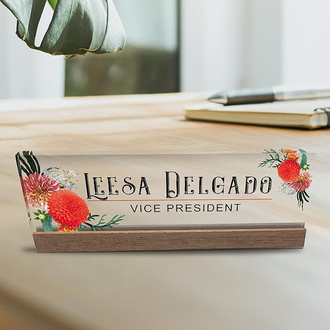 Artblox Office Personalized Name Plate for Desk with Business Card Holder On Clear Acrylic Glass Autumn Flowers Design Custom Desk Name Plate with Your Name and Credentials Customized Gift