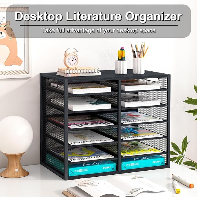 PAG Desktop Mail Sorter Industrial Countertop Heavy Duty Literature Organizer Bill Paper Holder Rack Student Mailbox for Classroom 12 Compartments Filing Cabinet for Office Home School, Black
