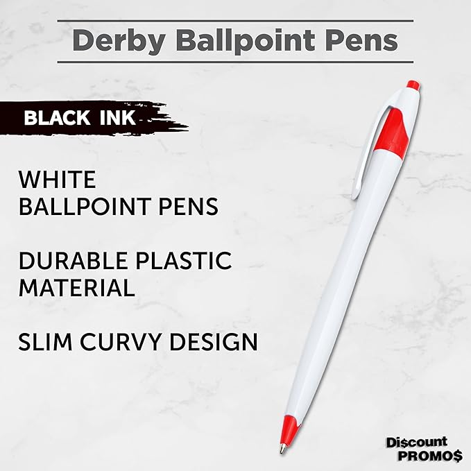 DISCOUNT PROMOS Slim Curvy Ballpoint Pens Set of 10, Bulk Pack - Black Ink, Retractable, Great for Office, School, Tradeshows - Red