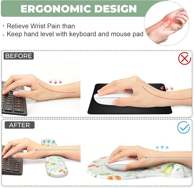 Mouse Pad with Wrist Rest, 3-in-1 Premium Lycra Fabric Memory Foam Ergonomic Wrist Support for Keyboard, Laptop & Desktop, Pain Relief Mousepad with Non-Slip PU Base for Office & Home (Elegant Flower)