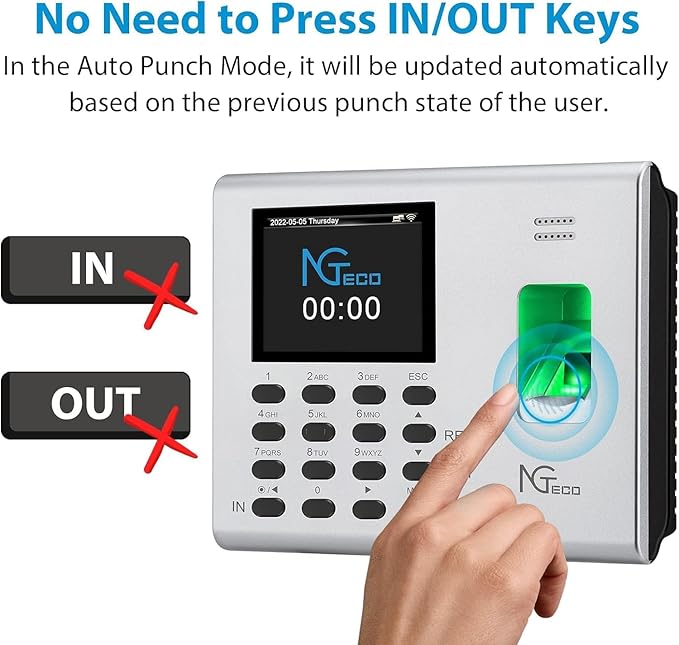 NGTeco Time Clock for Small Business, 2.4GHz WiFi Fingerprint Employee Time Card Machine with iOS/Android App, Automatic Punch in/Out, Battery Backup, No Monthly Fees
