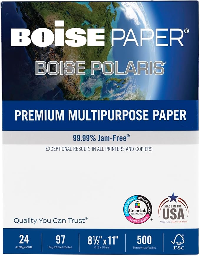 Boise® POLARIS® Premium Multi-Use Printer & Copy Paper, 1 Ream, White, Letter (8.5" x 11"), 500 Sheets Per Ream, 24 Lb,