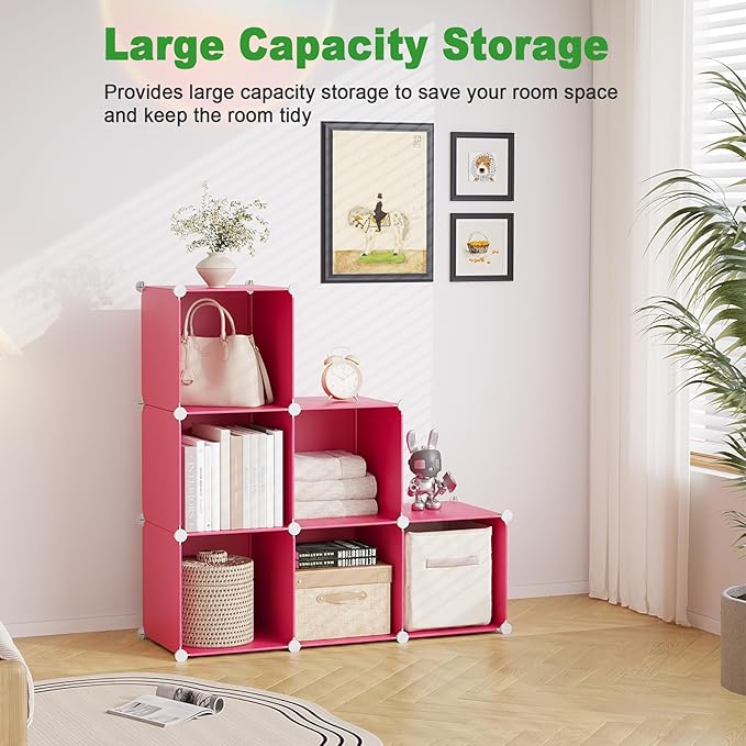 C&AHOME 6-Cube Storage Organizer, Stackable Storage Cubes Shelves, Portable Bookshelf, Plastic Clothing Storage Closet Organizer, DIY Modular Shelving Units for Wardrobe, Home, Red