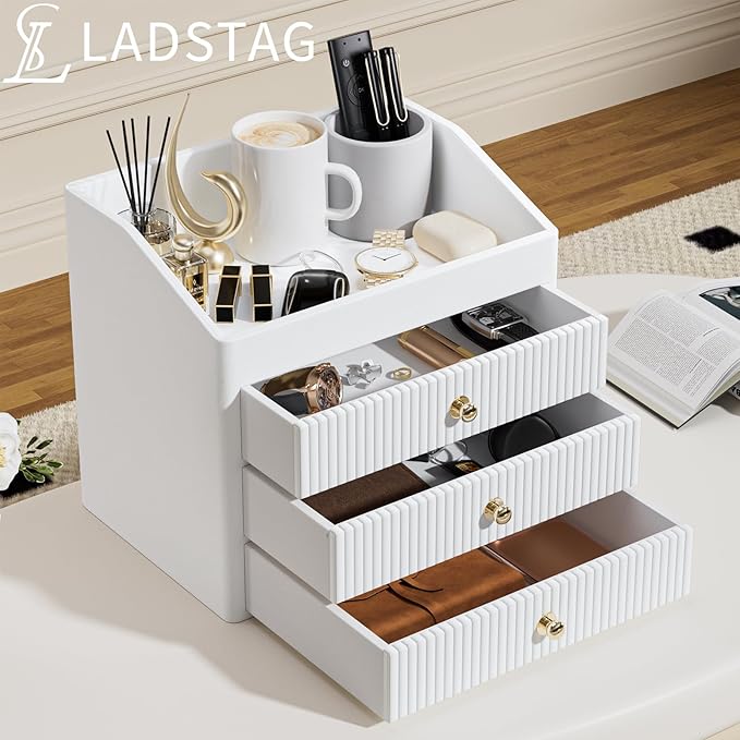 Office Accessories,Begie White Vegan Leather Office Supplies with 3 Drawers & Tray for Desk,Perfume Organizer with Gold-Tone Metal Accents Knob for End Tables,Bedside Table,Bedroom