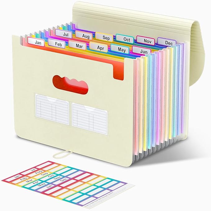 ThinkTex Accordion File Organizer, 12 - Pocket Expanding File Folders for Paper Receipts, Bills&Taxes Organizer, Letter/A4 Size Document Holder for School, Office, Home with tabs-Beige Color