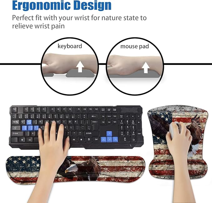 Keyboard Wrist Rest and Mouse Pad Wrist Support Set with Coasters, Non-Slip PU Base Ergonomic Mousepad for Computer Laptop Home Office Easy Typing & Pain Relief, Military Wall Graffiti USA Flag Eagle