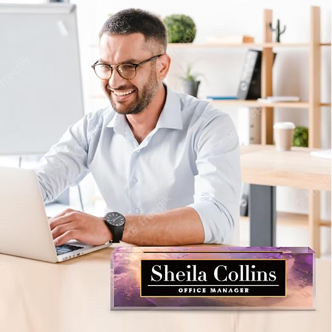 Custom Acrylic Name Plate for Desk, Employee Appreciation Gifts, Office Decor, Personalized, Funny Gifts for Coworkers Boss Teacher (Purple/Gold)