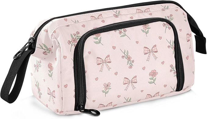 Pink Ribbon Bow Flower Pencil Case Pouch Big Capacity Pencil Bag Box Organizer Pen Case with Zipper Pencil Cases for Girls School College