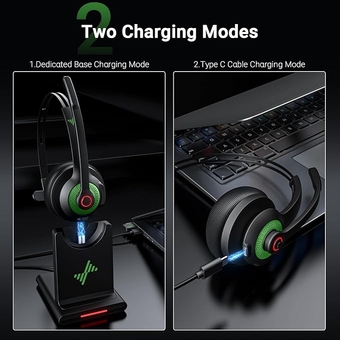 JIAMQISHI Wireless Headset with Mic for Work, Clear Call, Bluetooth 5.2 Headphones with USB Dongle & Mic Mute Function, Special Charging Base, Applicable to PC, Laptop, Phone, Android, Zoom, Office