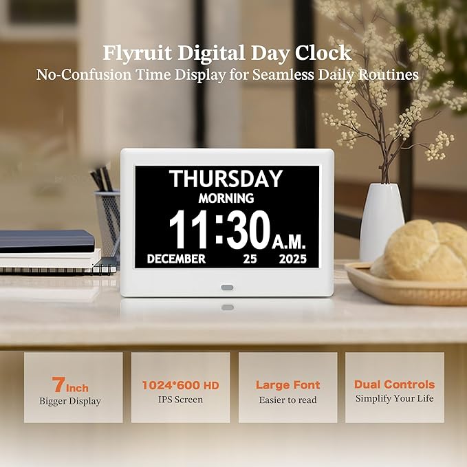 7'' Dementia Clock For Seniors, Large Display Digital Clock With Date, Time, Day Of Week for Elderly, Alzheimer, 1024*600P HD, 10 Reminders & 8 Alarms, Auto Dimming & DST, Remote Control, White