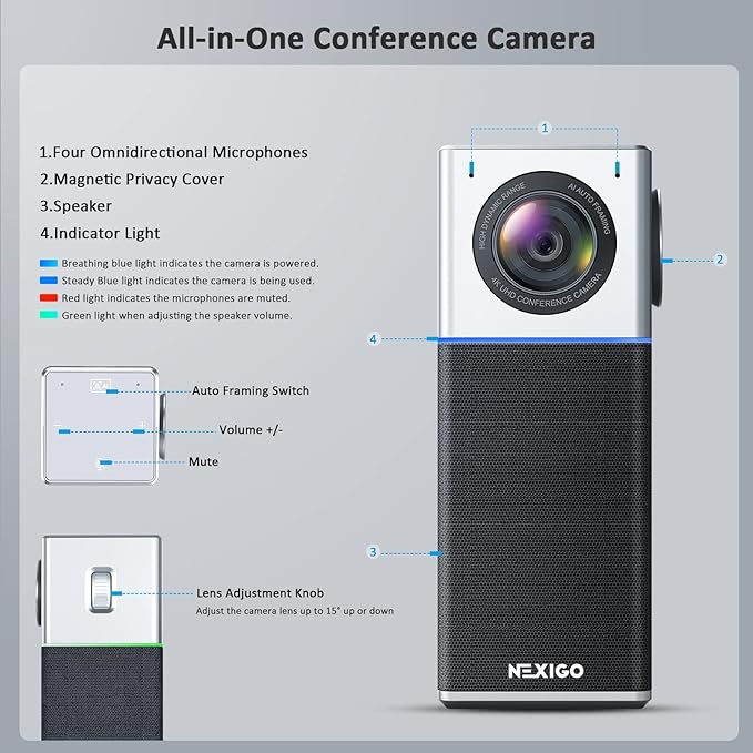 NexiGo N3000 4K Portable Video Conference Camera, Zoom Certified, AI Webcam with Speaker and Microphone, Auto-Framing, 4-Mic Array, 48kHz, Video Audio System for Zoom/Teams/Webex (Renewed)