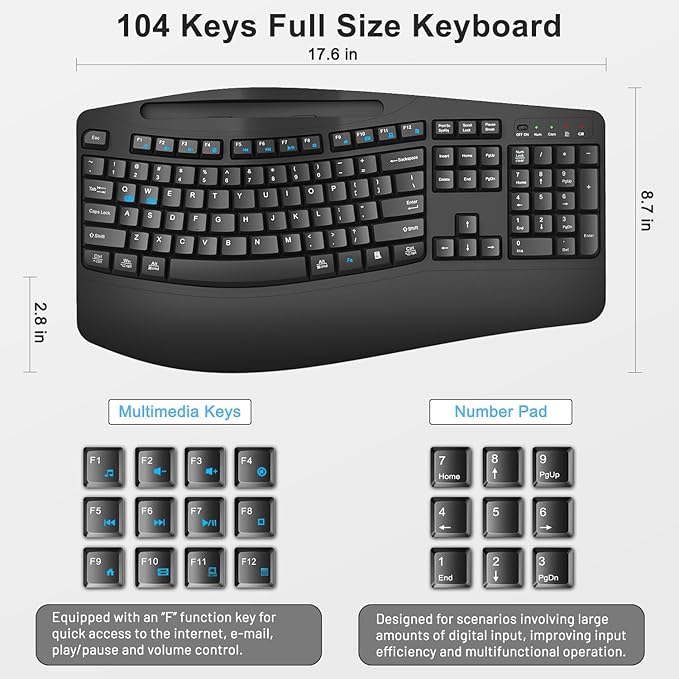 Wireless Keyboard and Mouse Combo, 2.4G Full Size Wave Keys Ergonomic Keyboard with Wrist Rest, Phone Holder, 3-Level DPI Wireless Silent Mouse with 6-Buttons, for Windows, Mac OS, Laptop, PC (Black)