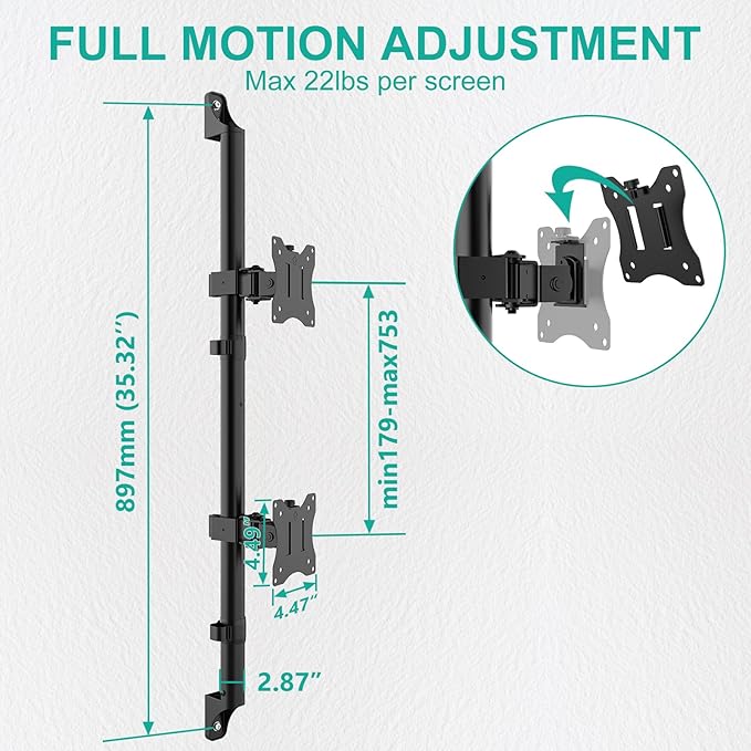 WALI Vertical Dual Monitor Wall Mount, Stacked Monitor Wall Mount for 17-38 Inch 2 Screens 22lbs each with Height Adjustment Heavy Duty Sturdy Steel Tilt Swivel Rotate Flexibility VESA 75x75/100x100mm