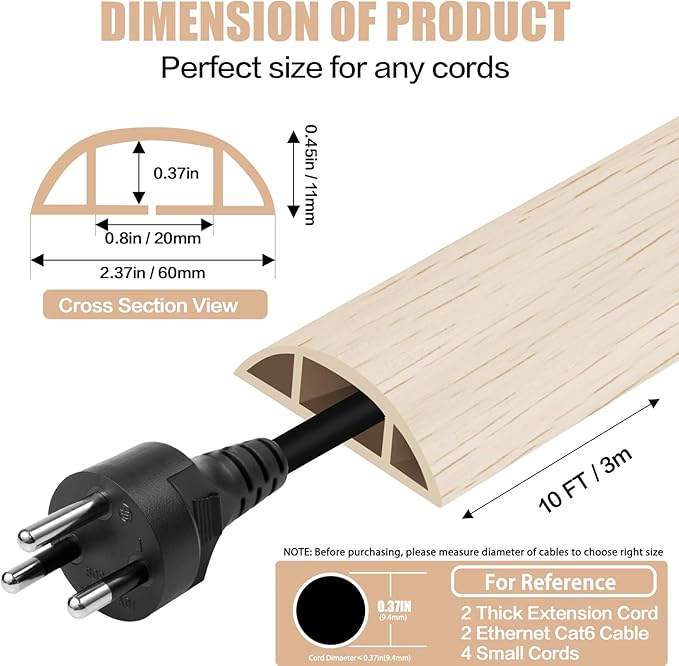 Floor Cord Cover Cavity 0.8"x0.37" Self Adhesive Cord Hider, 10FT Low Profile Cable Management, Extension Strip Protector for Wires, Prevent Cable Trips for Offices, Gyms, Exhibitions (Yellow Wood