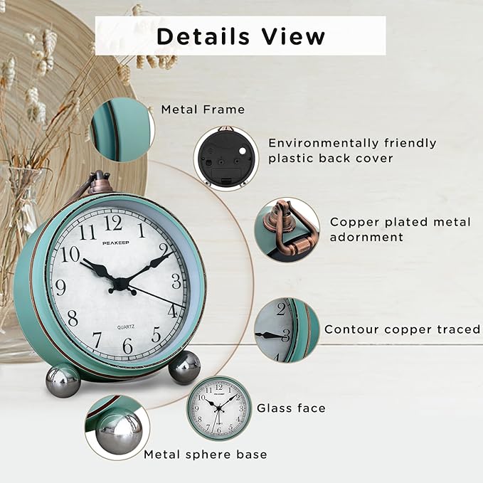 Peakeep 4" Small Battery Operated Antique Retro Analog Alarm Clock for Room Decor, Silent Elegant Bedside Desk Table Gift Clock