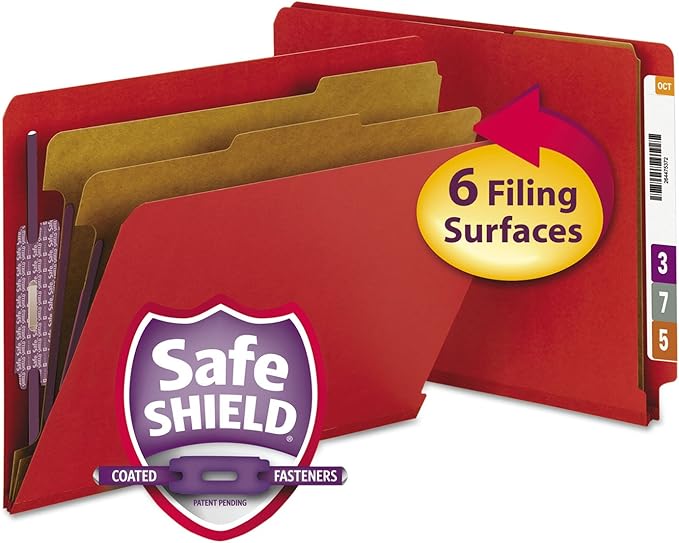 Smead 100% Recycled End Tab Pressboard Classification File Folder with SafeSHIELD Fasteners, 2 Dividers, 2" Expansion, Letter Size, Bright Red, 10 per Box (26783)