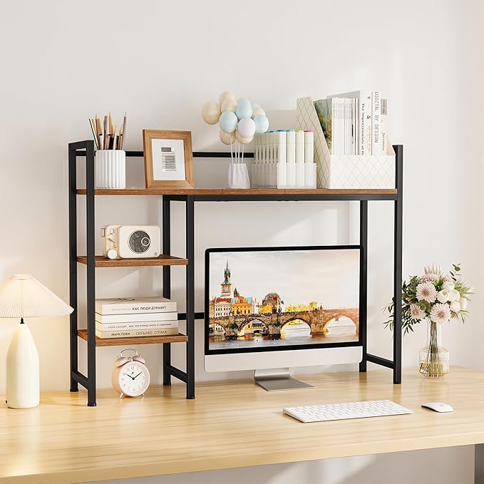 Snughome Desk Shelf, 38.6" Desktop Organizer Shelf, Desk Hutch for Computer Monitor, 4 Tier Desk Display Rack, Wood Desktop Bookshelf Storage Rack for Home Office Dorm, Rustic Brown