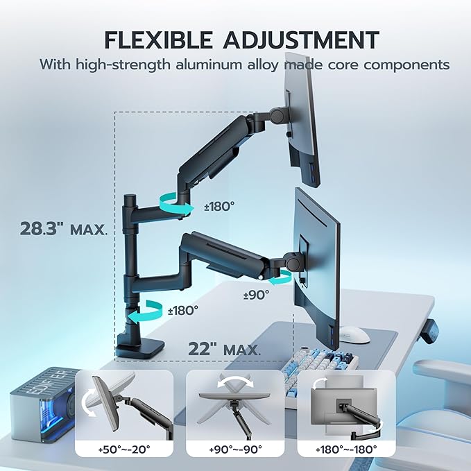 ARES WING Dual Monitor Mount for 17-49 Inch Ultrawide Heavy Duty Curved Screen, Computer Monitor Arm Desk Mount, Gas Spring Adjustable Vesa Stand, Black