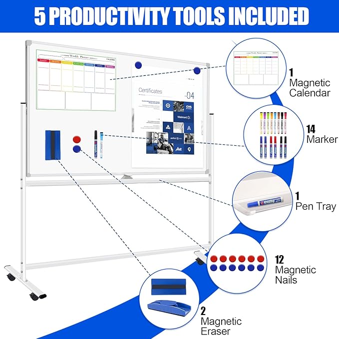 Double-Sided Rolling Whiteboards on Wheels 72 X 48, Large Dry Erase Board with Stands, Magnetic Mobile White Board Standing White Boards with Eraser & Marker & Magnet & Magnetic Calendar