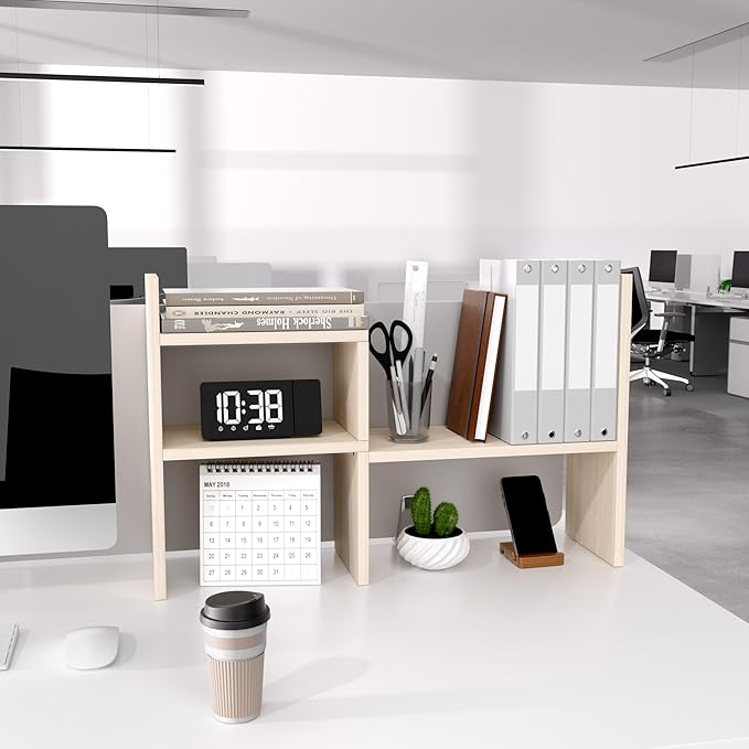 Jerry & Maggie Desktop Organizer Office Storage Rack Adjustable Wood Display Shelf, White, 5 Units, 16"L x 15.8"H x 6.8"W