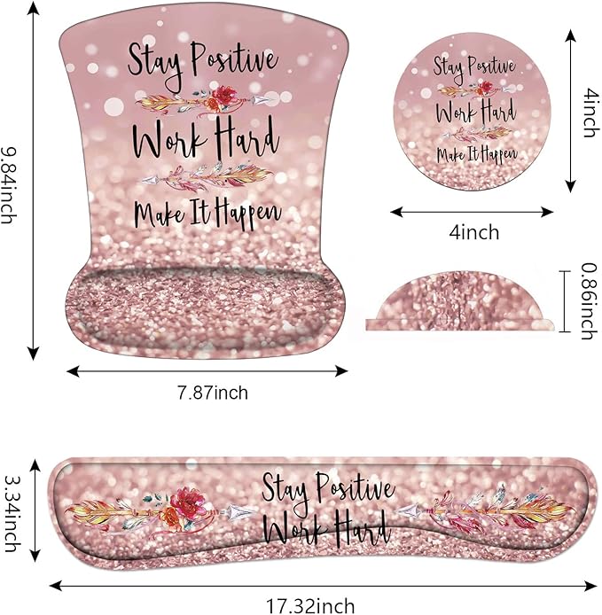 Keyboard Wrist Rest and Mouse Pad Wrist Support Set with Coasters, Inspirational Quote Stay Positive Work Hard and Make It Happen Wrist Mouse Pad with Non-Slip PU Base for Computer Laptop Home Office