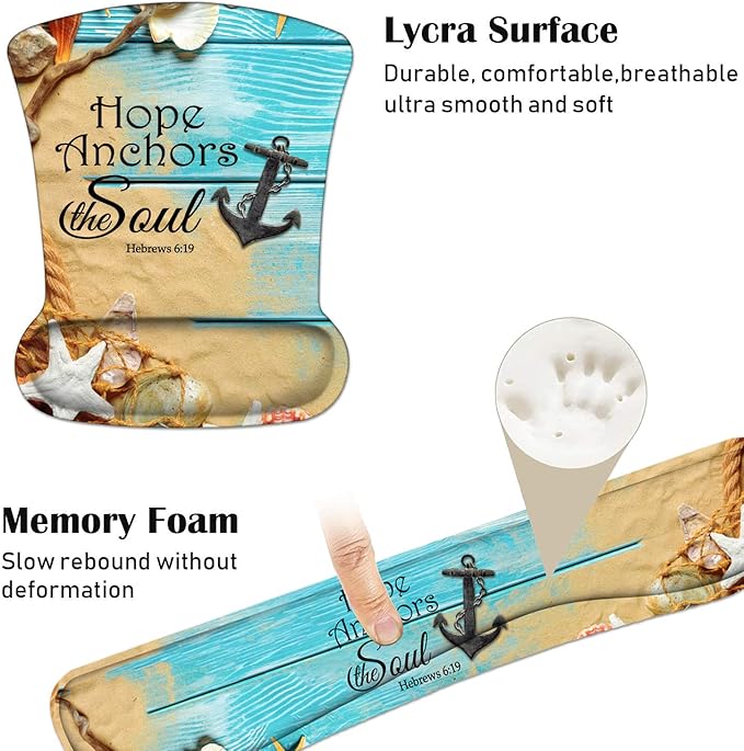 Keyboard Wrist Rest and Mouse Pad Wrist Support Set with Coasters, Non-Slip PU Base Ergonomic Gaming Mousepad for Home Office Working Studying Easy Typing & Pain Relief, Bible Verses Hebrews 6:19