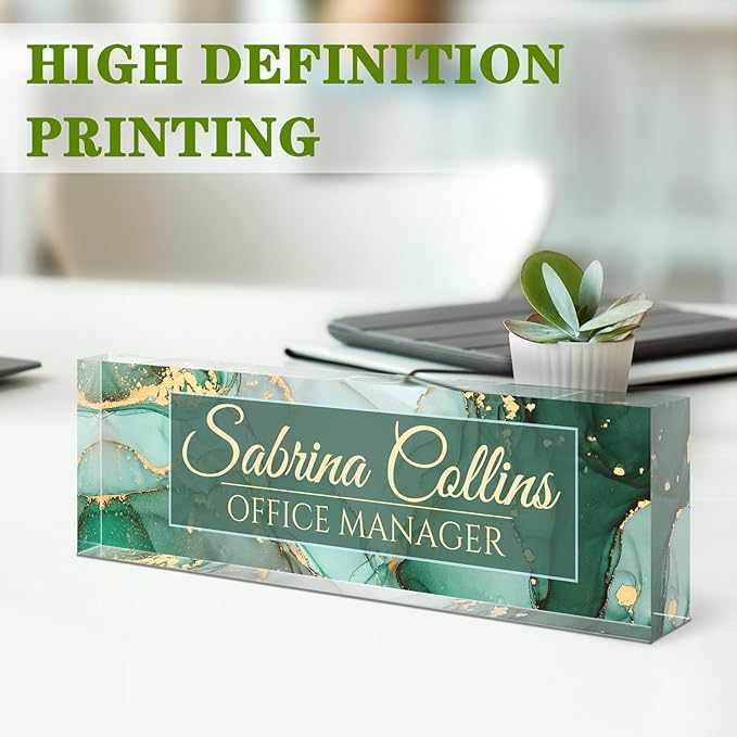 Name Plate for Desk, Desk Name Plate Personalized, Office Decor for Women Men, Acrylic Desktop Accessories, Office Gifts for Boss Nurse Teacher Coworker, Employee Appreciation Gift (Green Coast B)