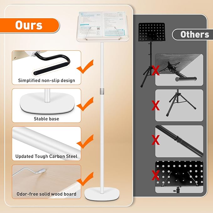 2-in-1 Floor Standing Book Stand, Foldable Book Holder for Reading with Page Clips, 19"–51" Height Adjustable, Sturdy Podium Stand for Reading, Bible, Laptop, Cookbooks, or Projector